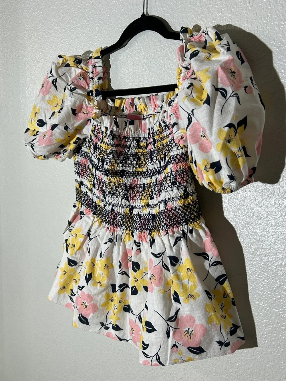 Kate Spade Lilly Blooms Puff Sleeve Peplum Top - Pink & Yellow